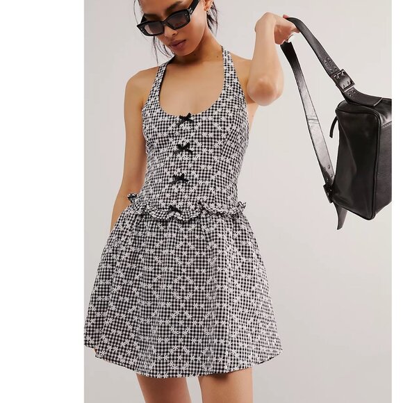 NWT FOR LOVE AND LEMONS JANICE BLACK & WHITE GINGHAM HALTER MINI DRESS SIZE S - Picture 1 of 7